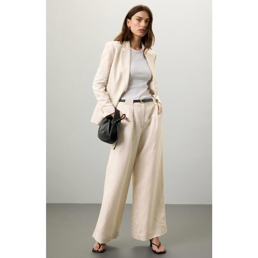 Club Monaco Wide Leg Linen Blend Trouser Beige Size 10 Stains